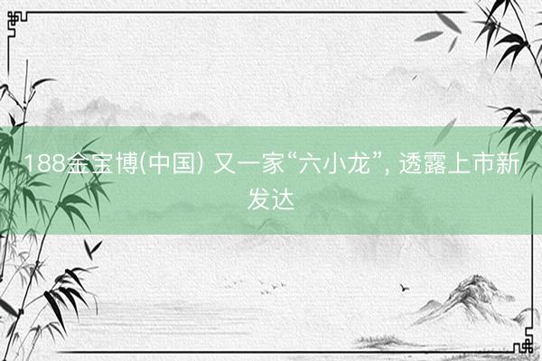 188金宝博(中国) 又一家“六小龙”, 透露上市新发达